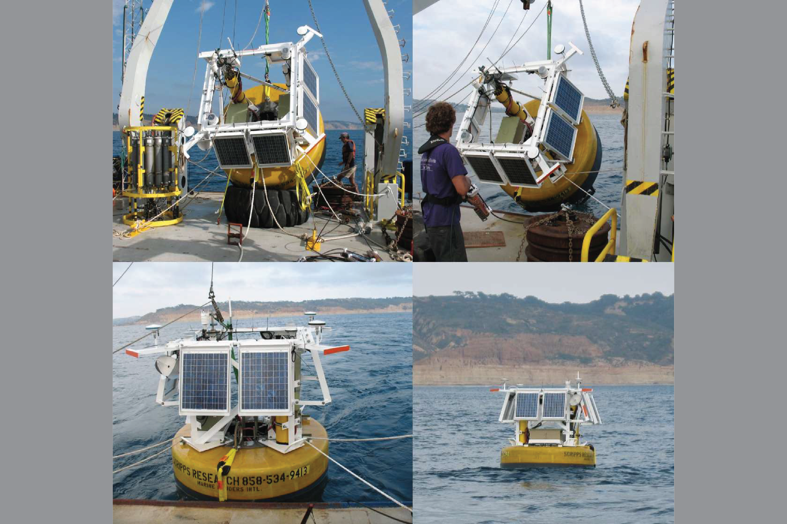 In 2008, the mooring at Del Mar was significantly modified for the GEOCE (GEOphysical and OCEanographic observatory) project, which measured tectonic seafloor motion using a combination of a highly accurate GPS sensor on the buoy, and acoustic transponders at the sea floor below the buoy.